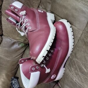 Men's Size 12 Timberland 6" Maroon and off White Boots